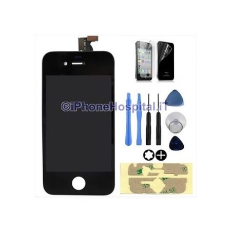 Touch Screen + Display Lcd per iPhone 4 Nero + Biadesivi + Attrezzi + Pellicole - 1