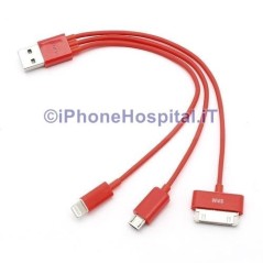 3 in 1 Load and Sync Cable Lighing 8 Pin + 30 Pin + Micro Usb Red - 1