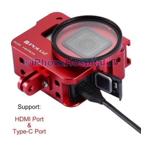 Protective Case for GoPro Hero 5 in Red Aluminum + 52mm UV Lens