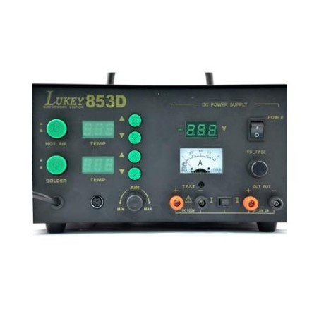 Soldering and desoldering station with dual control display, power supply, and tester